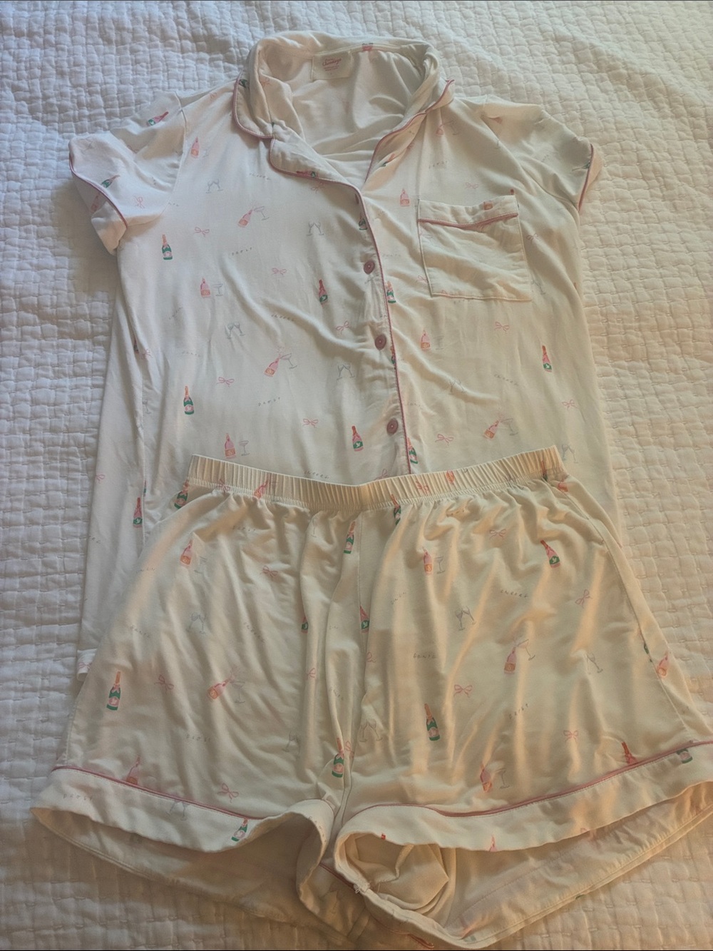 A Toast to Forever IMS: Women's Cream Short-Sleeve Pajama Set with Pink Trim